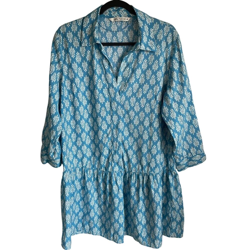 Zara Carly Mini Dress Sz L Floral Blue White Tiered Hem Coastal Beachy Boho Chic